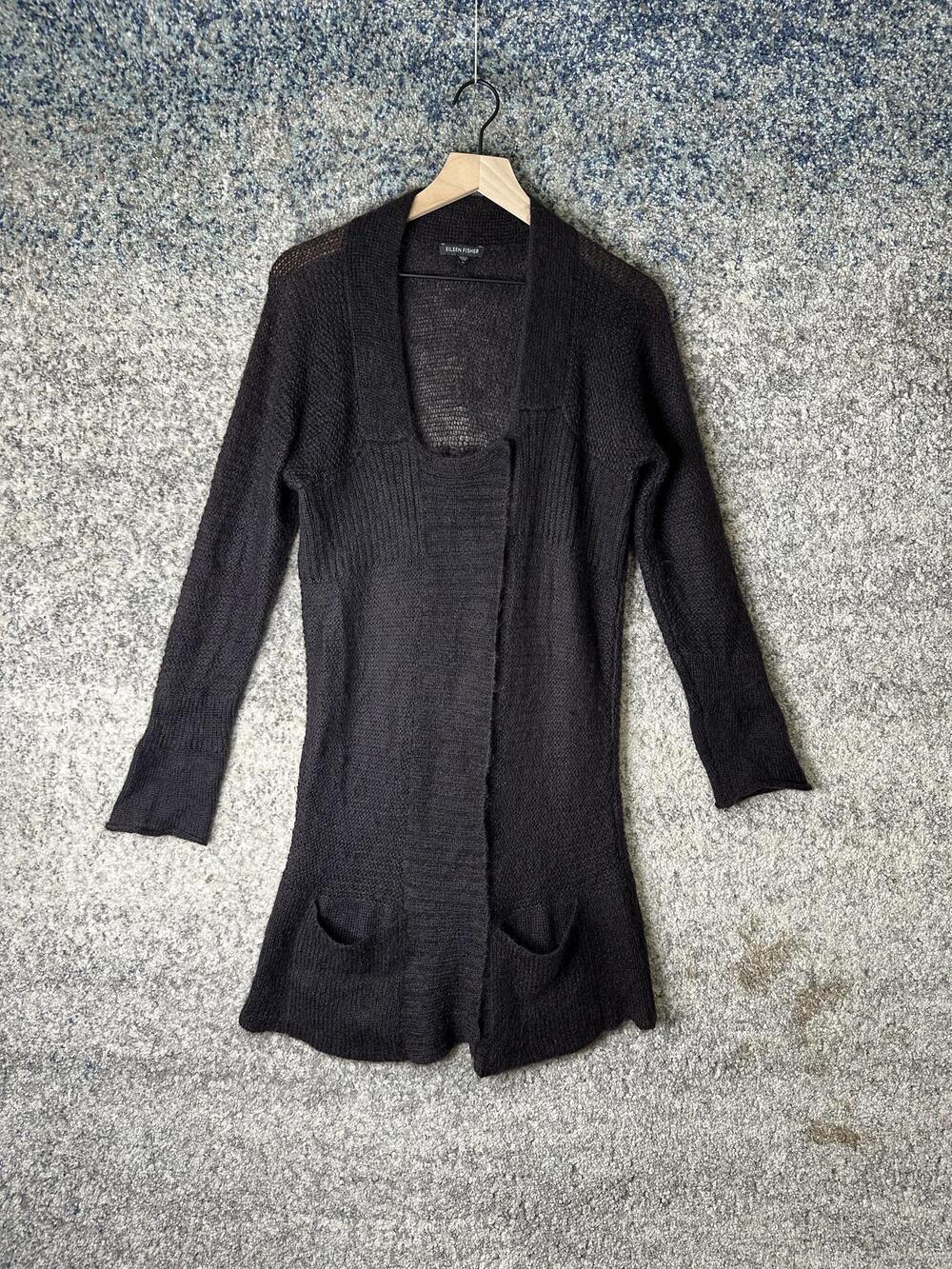 Eileen Fisher Sweater Womens Medium Gray Mohair Open Front Long Cardigan Knit